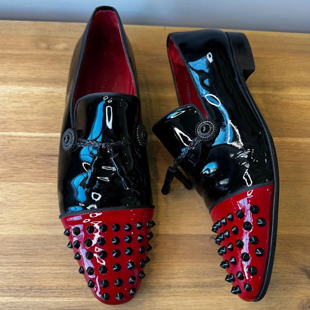 Vercini Men EU 43 Black Red Studded Spiked Patent Leather Loafers Tassel Shoes